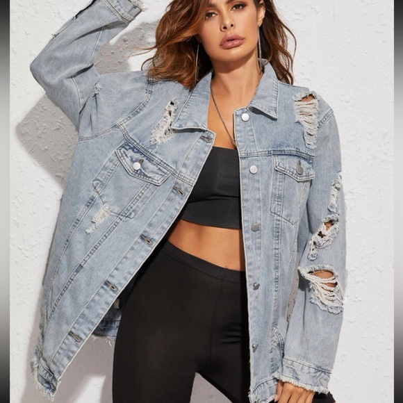 Denim jean jacket distressed ripped blue button collar long sleeve womens - Picture 2 of 5